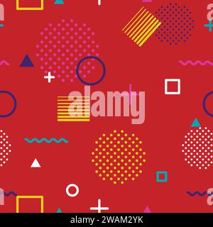 Abstract geometric seamless pattern in Memphis style on red background. Fashion 80s-90s trends designs, Retro funky graphic with geometric shapes. App Stock Vector