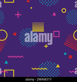 Abstract geometric seamless pattern in Memphis style on dark background. Fashion 80s-90s trends designs, Retro funky graphic with geometric shapes. Ap Stock Vector