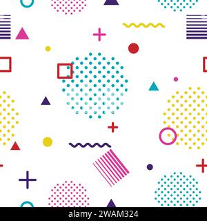 Abstract geometric seamless pattern in Memphis style on white background. Fashion 80s-90s trends designs, Retro funky graphic with geometric shapes. A Stock Vector