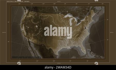 United States of America, mainland highlighted on a elevation map colored in sepia tones with lakes and rivers map with the country's capital point, c Stock Photo