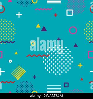 Abstract geometric seamless pattern in Memphis style on blue background. Fashion 80s-90s trends designs, Retro funky graphic with geometric shapes. Ap Stock Vector