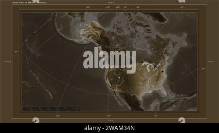 United States of America highlighted on a elevation map colored in sepia tones with lakes and rivers map with the country's capital point, cartographi Stock Photo