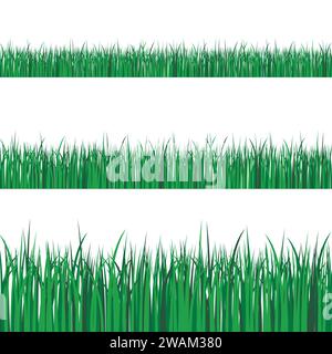 Green grass borders set on transparent vector background. Spring or summer plant field lawn. Vector illustration. Stock Vector