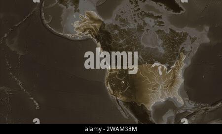 United States of America highlighted on a elevation map colored in sepia tones with lakes and rivers Stock Photo