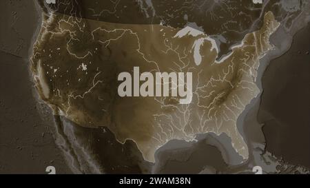 United States of America, mainland highlighted on a elevation map colored in sepia tones with lakes and rivers Stock Photo