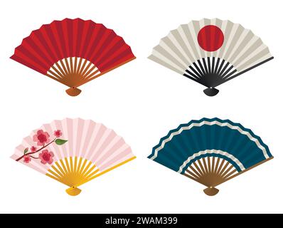 Hand fans set isolated on white background, Japanese and Chinese folding fan, Traditional Asian paper geisha fan. Vector illustration Stock Vector