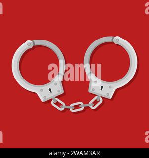 Metal handcuffs for detaining criminals on red background. Outfit of a policeman. Element of police and prison icon of arrest of offender. Restriction Stock Vector