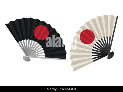 Black and white Hand Fan isolated on white background, Japanese folding fan with rising sun sign, Traditional Asian paper geisha fan icon. Vector illu Stock Vector