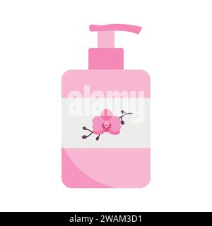 Plastic pump bottle for cosmetic products like cleansing or shower gel, shampoo, liquid soap, cream or lotion. Bottle with dispenser decorated with an Stock Vector