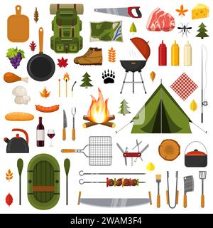 Camping and hiking elements. Forest hike icon set. Camp gear backpacker collection tourist tent, backpack, food, barbecue, boat, shoes, campfire and o Stock Vector