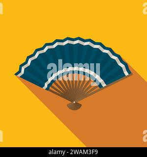 Blue hand fan icon on yellow background, Japanese and Chinese folding fan, Traditional Asian paper geisha fan. Vector illustration Stock Vector