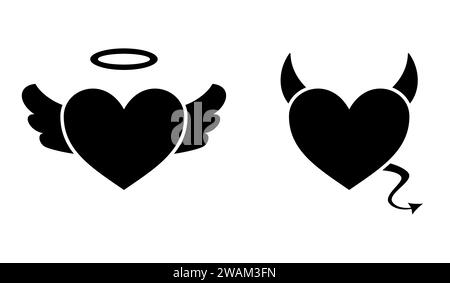 Heart with devil horns and a tail and heart with angel wings and halo isolated on white background, Devil love. Valentine Day concept, Vector illustra Stock Vector