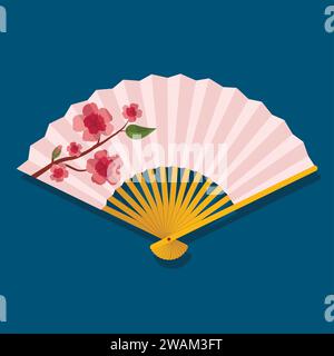 Hand fan with sakura branch with flowers isolated on blue background, Japanese and Chinese folding fan, Traditional Asian paper geisha fan. Vector ill Stock Vector