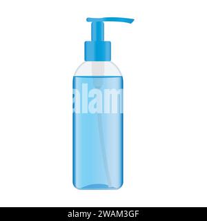 Plastic pump bottle with a blue liquid inside. Dispenser bottle with cosmetic product like cleansing gel. Vector illustration Stock Vector