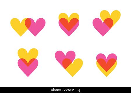 Bright colored hearts icon set. Hearts merged. Heart on heart. Flat style. Vector illustration Stock Vector