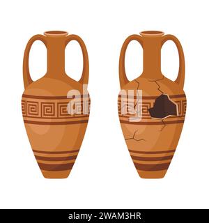 Whole and broken ancient amphora icon with two handles. Antique clay vase jar, Old traditional vintage pot. Ceramic jug archaeological artefact. Greek Stock Vector