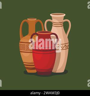 Set of antique amphora with two handles. Ancient clay vases jars, Old traditional vintage pot. Ceramic jug archaeological artefacts. Greek or Roman ve Stock Vector