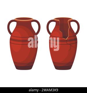 Whole and broken ancient amphora icon with two handles. Antique clay vase jar, Old traditional vintage pot. Ceramic jug archaeological artefact. Greek Stock Vector