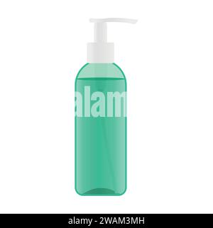 Plastic pump bottle with a green liquid inside. Dispenser bottle with cosmetic product like cleansing gel. Vector illustration Stock Vector