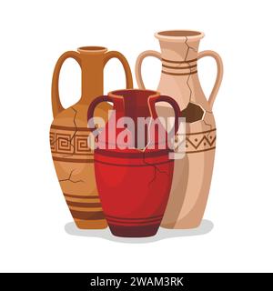 Set of antique amphora with two handles. Broken ancient clay vases jars, Old traditional vintage pot. Ceramic jug archaeological artefacts. Greek or R Stock Vector