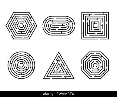 Labyrinth different shapes game and maze fun puzzle set isolated on white background. Maze square, round, hexagon, oval and triangle puzzle riddle log Stock Vector