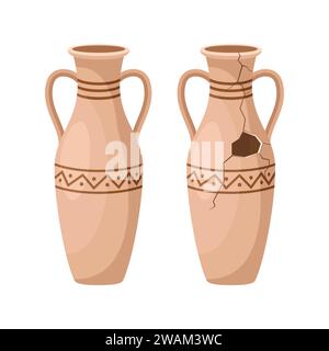 Whole and broken ancient amphora icon with two handles. Antique clay vase jar, Old traditional vintage pot. Ceramic jug archaeological artefact. Greek Stock Vector