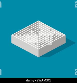 Labyrinth isometric game and maze fun puzzle isolated on blue background. Puzzle riddle logic game isometric concept. Vector illustration Stock Vector