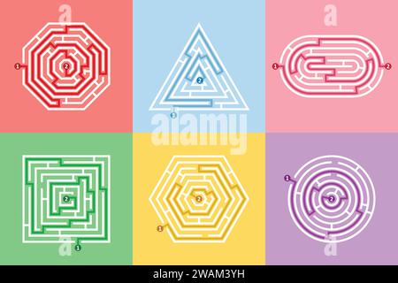 Labyrinth different shapes game and maze fun puzzle set. Maze square, round, hexagon, oval and triangle puzzle rebus riddle logic game concept. Vector Stock Vector