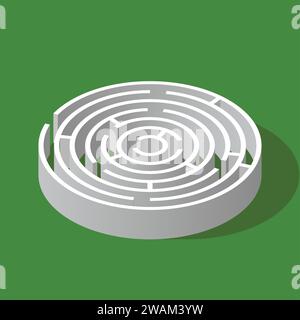 Labyrinth circle isometric game and maze fun puzzle isolated on green background. Puzzle riddle round logic game isometric concept. Vector illustratio Stock Vector