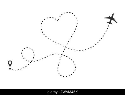 Love airplane route. Heart dashed line trace and plane routes isolated on white background. Romantic wedding travel, Honeymoon trip. Hearted plane pat Stock Vector