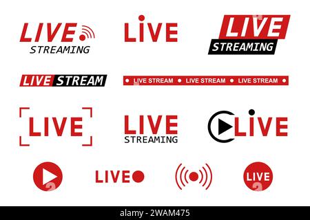 Set of live streaming icons. Red and black symbols and buttons of live streaming, broadcasting, online stream. Template for tv, shows, movies and live Stock Vector