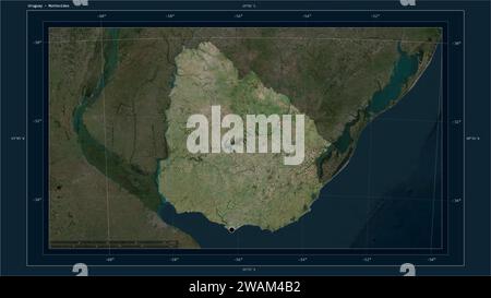 Uruguay highlighted on a high resolution satellite map map with the country's capital point, cartographic grid, distance scale and map border coordina Stock Photo