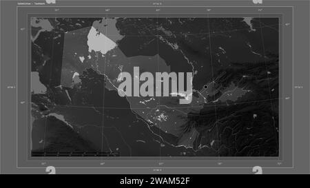 Uzbekistan outlined on a Grayscale elevation map with lakes and rivers ...