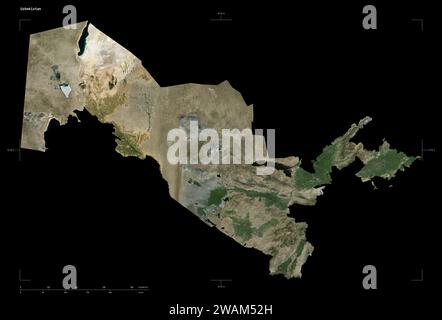 Shape of a high resolution satellite map of the Uzbekistan, with distance scale and map border coordinates, isolated on black Stock Photo