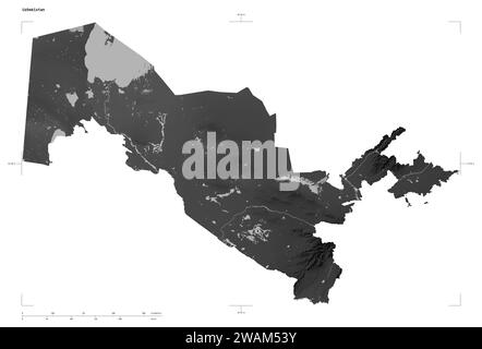 Shape of a Grayscale elevation map with lakes and rivers of the Uzbekistan, with distance scale and map border coordinates, isolated on white Stock Photo