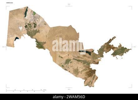 Shape of a low resolution satellite map of the Uzbekistan, with distance scale and map border coordinates, isolated on white Stock Photo