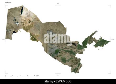 Shape of a high resolution satellite map of the Uzbekistan, with distance scale and map border coordinates, isolated on white Stock Photo