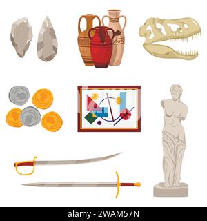 Museum set exhibit pod and tools icons of various historical periods: Stone tools, ancient amphora, dinosaur skull, old coins, picture, swords and sta Stock Vector