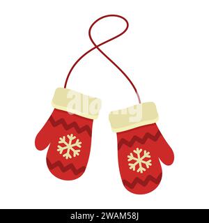 Red mittens with snowflakes isolated on white background. Winter gloves vector illustration. Stock Vector