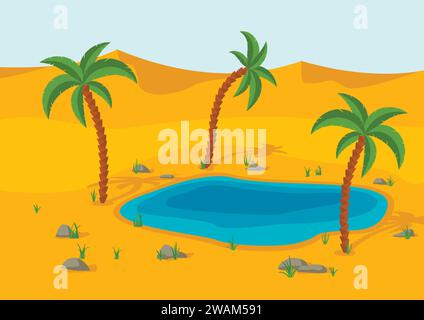 Oasis, Lake and palms in the desert. Sand dunes desert landscape. Beautiful nature scenery. Vector illustration Stock Vector