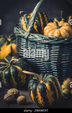 Basket with various small pumpkins with a striped pattern on dark background, vertical Stock Photo