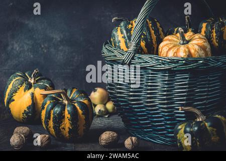 Basket with various small pumpkins with a striped pattern on dark background Stock Photo