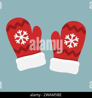 Red mittens Santa with snowflakes isolated on blue background. Winter Christmas gloves vector illustration. Stock Vector