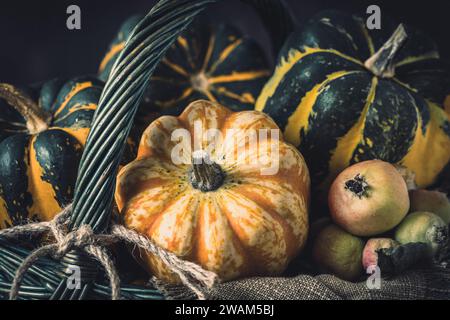 Various small pumpkins with a striped pattern in a basket, close-up Stock Photo