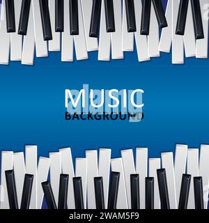 Musical blue background with piano keys and text. Graphic design template can be used for background, backdrop, banner, brochure, leaflet, publication Stock Vector