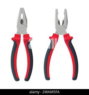 Pliers open and close isolated on white background. Builder, construction and repair hand tools with plastic handles. Realistic pliers vector illustra Stock Vector