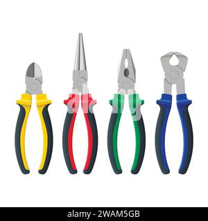Set of different types of pliers and side cutters isolated on white background. Builder, construction and repair hand tools with plastic handles. Real Stock Vector