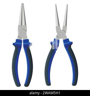 Pliers round open and close isolated on white background. Builder, construction and repair hand tools with plastic handles. Realistic long nose pliers Stock Vector
