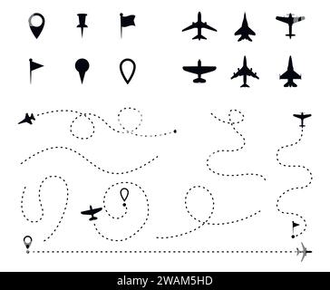 Airplane route set, dashed line trace and plane routes isolated on white. Plane line path, Aircrafts and pins symbols. Airplane directional pathway, m Stock Vector