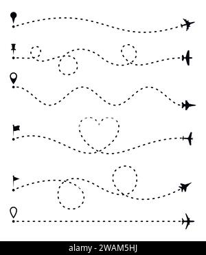 Airplane route set, dashed line trace and plane routes isolated on white. Plane line path, Aircrafts and pins symbols. Airplane directional pathway, m Stock Vector